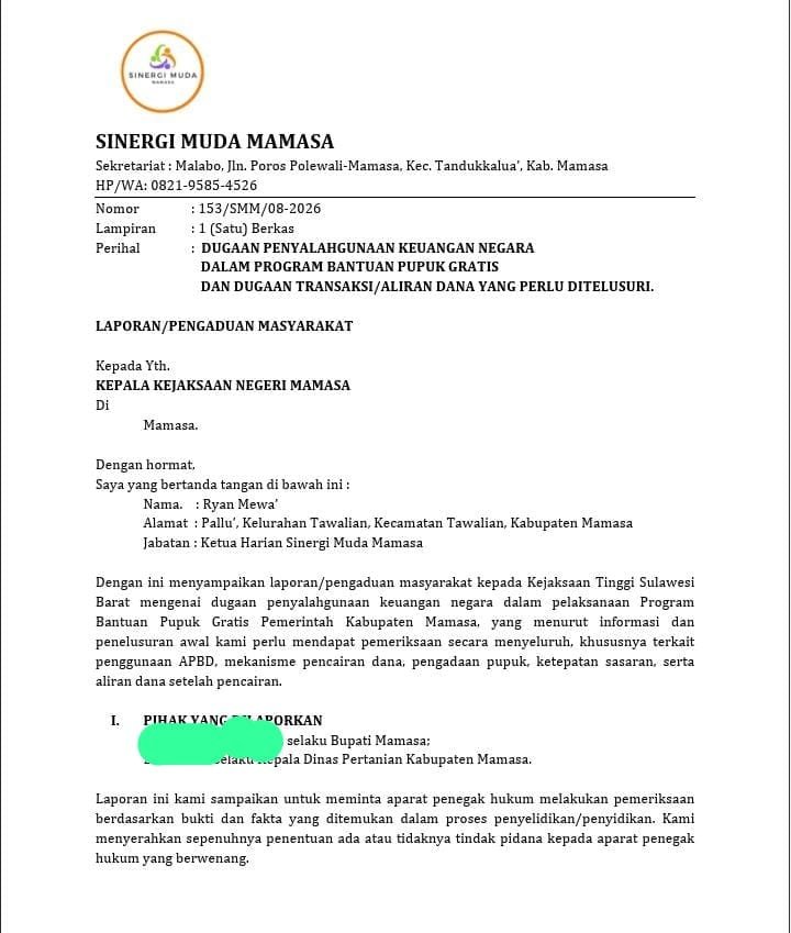SMM Laporkan Dugaan Penyalahgunaan Keuangan Negara dalam Program Pupuk Gratis Pemkab Mamasa dudukperkara.com